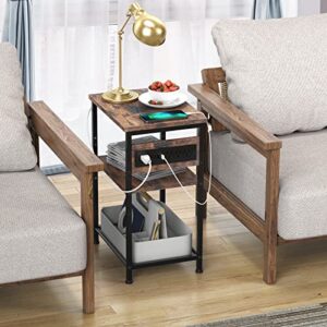 HEZI End Table with Charging Station & USB Ports, 3-Tier Side Table with PD 20W USB C for Living Room Study Bedroom,Narrow Sofa Table Bedside Table with Storage Shelf,Small Nightstand, Brown