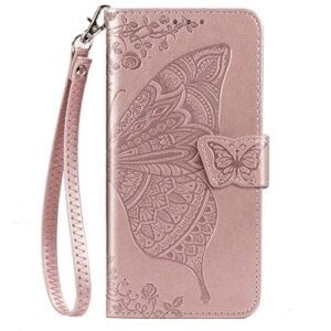 onv wallet case for samsung galaxy z fold 3 - butterfly embossed leather folio case [magnetic] [card slots] [kickstand] [wrist strap] +tpu shell for samsung galaxy z fold 3 [hzd] -rosegold