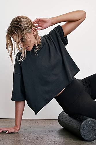 Women's Oversize Crop Tops Casual Half Sleeve Drop Shoulder T-Shirts Roll Hem Basic Workout Loose Yoga Athletic Running Tees Black S