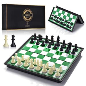 quadpro magnetic travel chess set with folding chess board & 2 extra queens & convenience bag, educational toys for kids and adults (green & white)