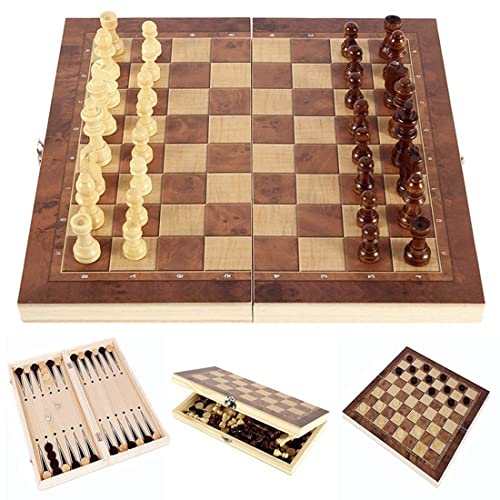 Chess Set，Folding Storage Wooden Chess Board Sets，3 in 1 Chess Board Game for Adults and Kids （Chess，Backgammon，Checkers），Exquisite Wooden Chess Set