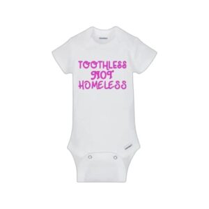 bravotv real housewives of beverly hills baby bodysuit onesie - toothless not homeless (6-9 months, white/hot pink)