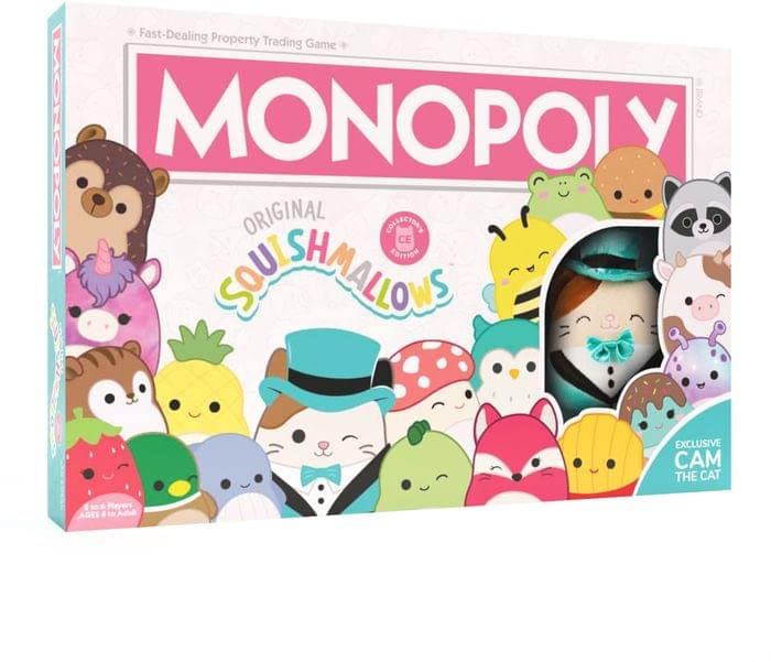 Monopoly: Squishmallows | Collector’s Edition Featuring Cam The Cat Plush | Buy, Sell, Trade Spaces Featuring Squshmallows | Collectible Classic Monopoly Game | Officially-Licensed Squishmallows Game