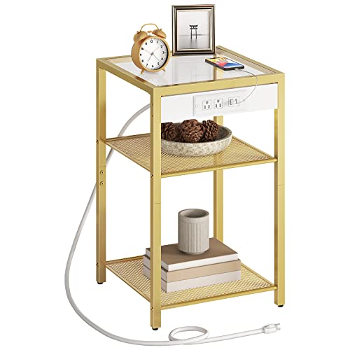 HOOBRO Side Table with Charging Station, 3-Tier Slim Nightstand with Storage Shelves, End Table with USB Ports & Power Outlets, Tempered Glass, Modern Style, for Living Room, Bedroom, Gold GD77UBZ01