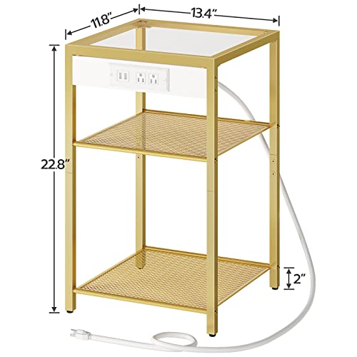 HOOBRO Side Table with Charging Station, 3-Tier Slim Nightstand with Storage Shelves, End Table with USB Ports & Power Outlets, Tempered Glass, Modern Style, for Living Room, Bedroom, Gold GD77UBZ01