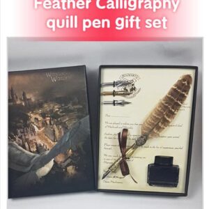 DSWINCE Feather Calligraphy Pen Set for Beginners,Metal Nib Writing Quill Ink Pen Vintage Fountain Dip Pen Gift Set (Owl feather pen)