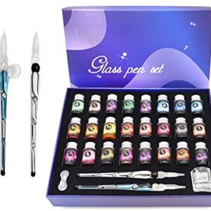 ASXMA Glass Dipped Pen Ink Set Handmade Crystal Calligraphy Pen with 24Colorful India Ink for Art, Signatures, Drawing, Decoration, Caligraphy Kits for Beginners