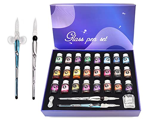 ASXMA Glass Dipped Pen Ink Set Handmade Crystal Calligraphy Pen with 24Colorful India Ink for Art, Signatures, Drawing, Decoration, Caligraphy Kits for Beginners