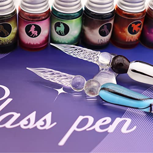 ASXMA Glass Dipped Pen Ink Set Handmade Crystal Calligraphy Pen with 24Colorful India Ink for Art, Signatures, Drawing, Decoration, Caligraphy Kits for Beginners