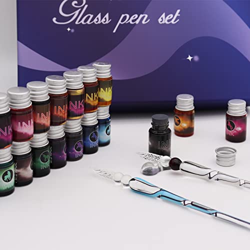 ASXMA Glass Dipped Pen Ink Set Handmade Crystal Calligraphy Pen with 24Colorful India Ink for Art, Signatures, Drawing, Decoration, Caligraphy Kits for Beginners
