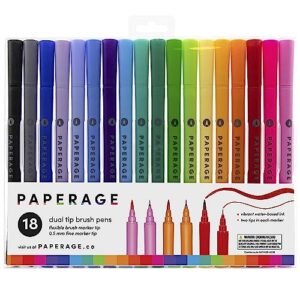 paperage dual tip brush pens (4.0mm brush tip + 0.5mm fine tip), rainbow, 18 pack dual tip brush pen set for drawing, hand-lettering, calligraphy, journaling and more