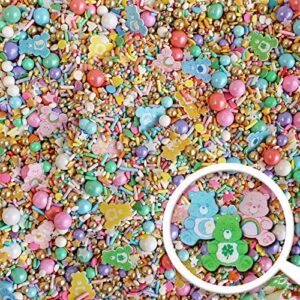 care bears® sprinkle mix| pastel rainbow sprinkles blend| vintage rose gold chocolate crispies dragees| care bear wafer paper toppers| cake cupcake cookie sprinkles| ice cream candy sprinkles| 4 oz.