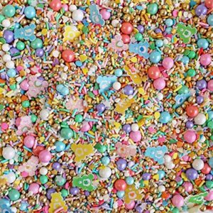 Care Bears® Sprinkle Mix| Pastel Rainbow Sprinkles Blend| Vintage Rose Gold Chocolate Crispies Dragees| Care Bear Wafer Paper Toppers| Cake Cupcake Cookie Sprinkles| Ice Cream Candy Sprinkles| 4 oz.