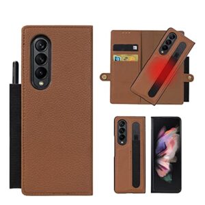 vitodo for galaxy z fold 3 case with s pen holder, magnetic detachable genuine leather wallet phone case 2 card solt with 2 stylus storage protection flip case for samsung galaxy z fold 3 5g (brown)
