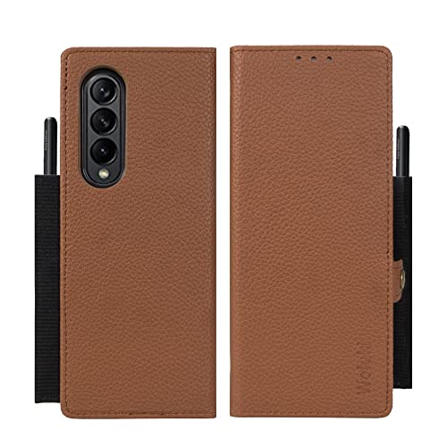 Vitodo for Galaxy Z Fold 3 Case with S Pen Holder, Magnetic Detachable Genuine Leather Wallet Phone Case 2 Card Solt with 2 Stylus Storage Protection Flip Case for Samsung Galaxy Z Fold 3 5g (Brown)