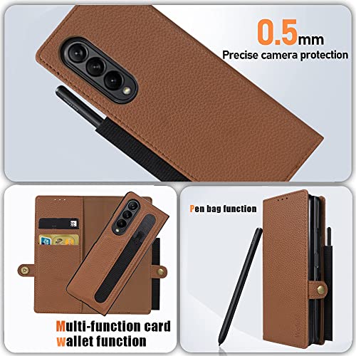 Vitodo for Galaxy Z Fold 3 Case with S Pen Holder, Magnetic Detachable Genuine Leather Wallet Phone Case 2 Card Solt with 2 Stylus Storage Protection Flip Case for Samsung Galaxy Z Fold 3 5g (Brown)