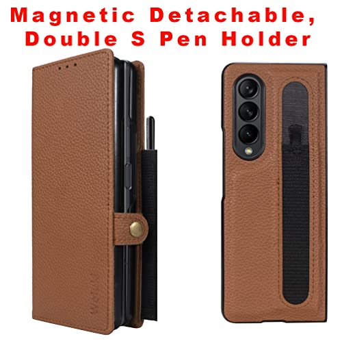 Vitodo for Galaxy Z Fold 3 Case with S Pen Holder, Magnetic Detachable Genuine Leather Wallet Phone Case 2 Card Solt with 2 Stylus Storage Protection Flip Case for Samsung Galaxy Z Fold 3 5g (Brown)