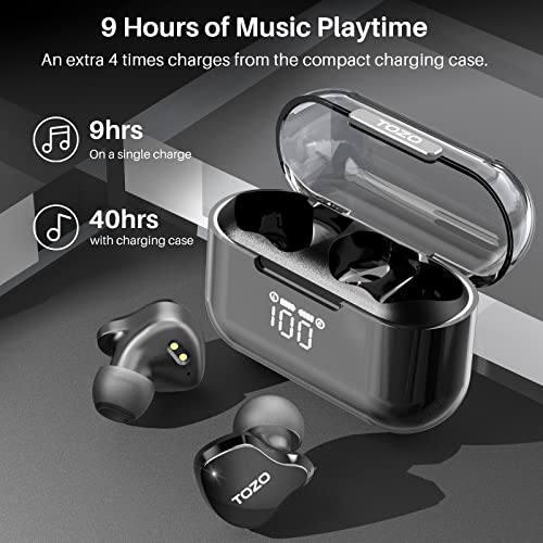 TOZO Crystal Buds Bluetooth 5.3 True Wireless Stereo Earbuds IPX8 Waterproof in Ear Headset Call Noise Reduction Headphones with Digital Display and Transparent Case Long Standby Earphones Black