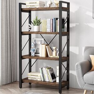 4 tier industrial shelf bookcase metal and wooden bookshelves rustic solid wood industrial style bookshelf,display book shelves for living room bedroom home office, retro brown (lz01-04tier)