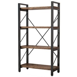 4 Tier Industrial Shelf Bookcase Metal and Wooden Bookshelves Rustic Solid Wood Industrial Style Bookshelf,Display Book Shelves for Living Room Bedroom Home Office, Retro Brown (LZ01-04tier)