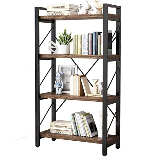 4 Tier Industrial Shelf Bookcase Metal and Wooden Bookshelves Rustic Solid Wood Industrial Style Bookshelf,Display Book Shelves for Living Room Bedroom Home Office, Retro Brown (LZ01-04tier)