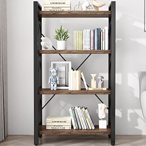 4 Tier Industrial Shelf Bookcase Metal and Wooden Bookshelves Rustic Solid Wood Industrial Style Bookshelf,Display Book Shelves for Living Room Bedroom Home Office, Retro Brown (LZ01-04tier)