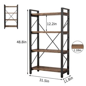 4 Tier Industrial Shelf Bookcase Metal and Wooden Bookshelves Rustic Solid Wood Industrial Style Bookshelf,Display Book Shelves for Living Room Bedroom Home Office, Retro Brown (LZ01-04tier)