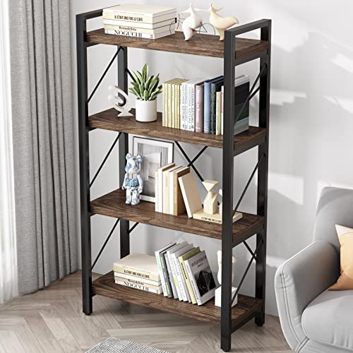 4 Tier Industrial Shelf Bookcase Metal and Wooden Bookshelves Rustic Solid Wood Industrial Style Bookshelf,Display Book Shelves for Living Room Bedroom Home Office, Retro Brown (LZ01-04tier)