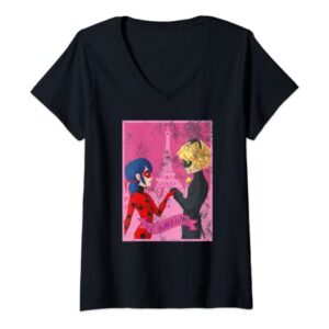 Womens Miraculous Ladybug Vintage Collection Paris Love V-Neck T-Shirt