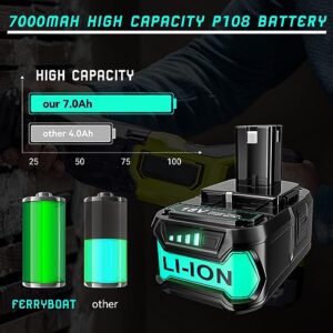 FERRYBOAT 7.0Ah High Performance P108 18V Battery Replacement for Ryobi Batteries,Compatible with Ryobi 18V ONE + Lithium ion Batteries P102 P103 P104 P105 P107 P109,2PACK