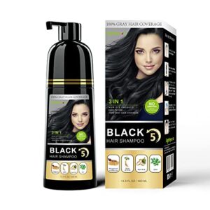 hair dye shampoo 3 in 1, black hair dye 13.5 fl oz, black hair shampoo, semi-permanent black hair dye shampoo, 100% gray hair coverage, effect in 5 minutes, lasts 30 days hair color shampoo (black)