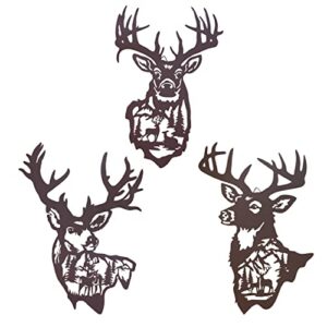 newvees 16 inch large metal deer wall art decor, rustic cabin decor, hunting decor for home bathroom bedroom lodge, deer in the forest pine tree, set of 3