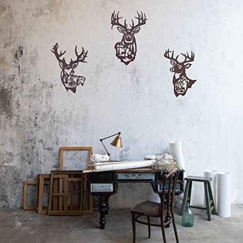 BVLFOOK 16 Inch Large Metal Deer Wall Art Decor, Rustic Cabin Decor, Hunting Decor for Home Bathroom Bedroom Lodge, Deer in the Forest Pine Tree, Set of 3