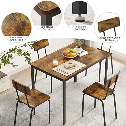 KIVENJAJA Dining Table Set for 4, 5-Piece Industrial Metal Wood Rectangle Kitchen Table and 4 Chairs for Dining Room Kitchen Dinette Breakfast Nook Small Space, Rustic Brown