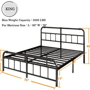 THEOCORATE King Size Bed Frame with Headboard and Footboard,14 Inch High Metal Platform, 3500lbs Support，No Box Spring Needed,Noise Free, Easy Assembly,Black