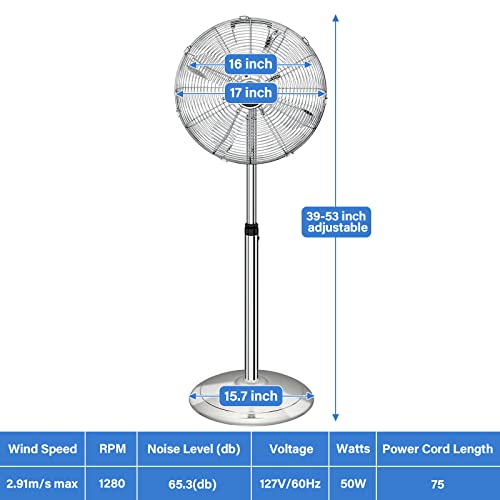 Simple Deluxe 16" Stand Fan, Adjustable Heights, Horizontal Ocillation 75°, 3 Settings Speeds, Low Noise, Durable Fan, High Velocity, Heavy Duty Metal For Industrial, Commercial, Residential