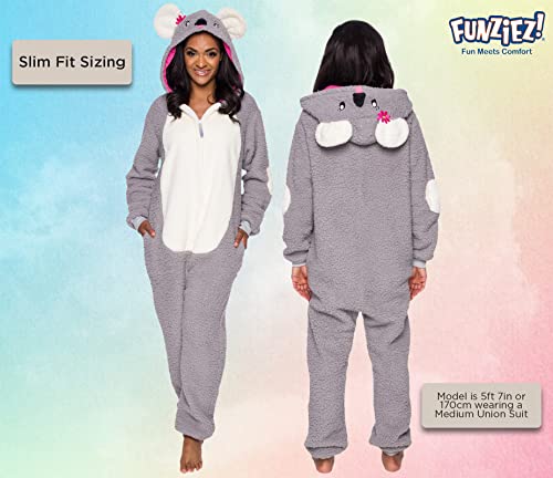 Funziez! Slim Fit Sherpa Adult Onesie - Animal Halloween Costume - Plush One Piece Cosplay Suit for Women and Men Koala