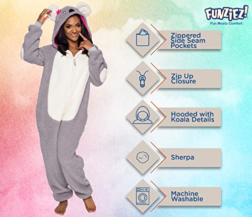 Funziez! Slim Fit Sherpa Adult Onesie - Animal Halloween Costume - Plush One Piece Cosplay Suit for Women and Men Koala