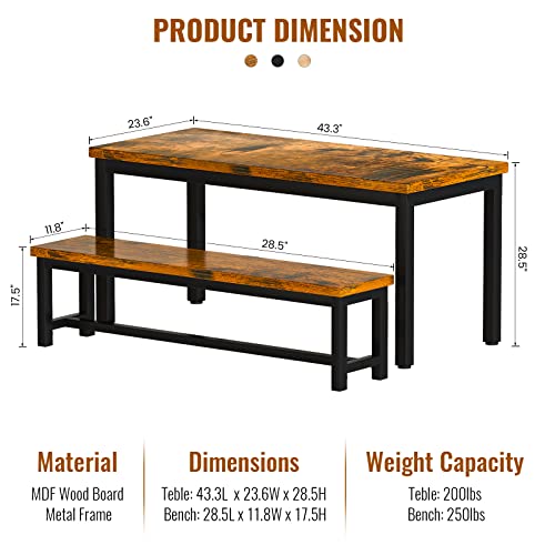 AWQM Dining Room Table Set, Kitchen Table Set with 2 Benches, Ideal for Home, Kitchen and Dining Room, Breakfast Table of 43.3x23.6x28.5 inches, Benches of 38.5x11.8x17.5 inches, Industrial Brown