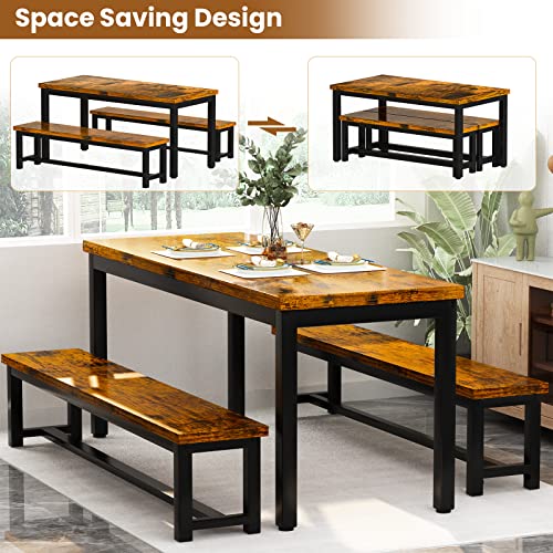 AWQM Dining Room Table Set, Kitchen Table Set with 2 Benches, Ideal for Home, Kitchen and Dining Room, Breakfast Table of 43.3x23.6x28.5 inches, Benches of 38.5x11.8x17.5 inches, Industrial Brown