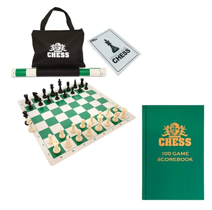 WE Games Best Value Tournament Chess Set (Green) + Hardcover Chess Notation Scorebook (Green)