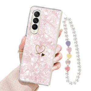 newseego case for samsung galaxy z fold 4 case, cute love-heart pattern shiny shell marble design for girls women soft tpu shockproof protective case cover with colorful heart bracelet chain -pink