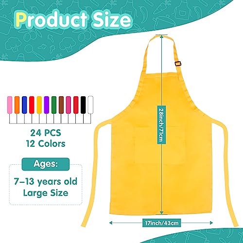 Ecoofor 24 Pieces 12 Colors Kid Aprons Set XL for 7-13 Age Children Chef Aprons Kids Painting for Kitchen Cooking Baking Painting