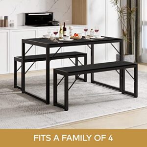 Gizoon 45.5" Dining Table Set for 4, Kitchen Table Set with 2 Benches, Dining Room Table Set with Metal Frame & MDF Board, Space-Saving Dinette for Kitchen, Dining Room -Black