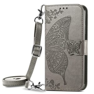 onv wallet case for samsung galaxy z fold 3 - crossbody long lanyard butterfly embossed leather folio case magnetic card slot kickstand +tpu shell for samsung galaxy z fold 3 [hzd] -gray