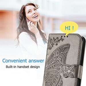 ONV Wallet Case for Samsung Galaxy Z Fold 3 - Crossbody Long Lanyard Butterfly Embossed Leather Folio Case Magnetic Card Slot Kickstand +TPU Shell for Samsung Galaxy Z Fold 3 [HZD] -Gray