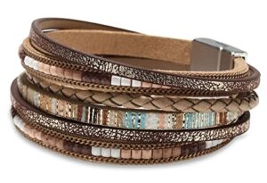 fesciory leather wrap bracelets for women, boho leopard multi-layer crystal beads cuff bracelet jewelry(boho braid(brown))