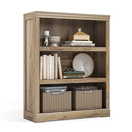 LINSY HOME 3-Tier Bookcase Display Storage Shelves Farmhouse Bookshelf for Home Office, Living Room, Bed Room - Light Brown