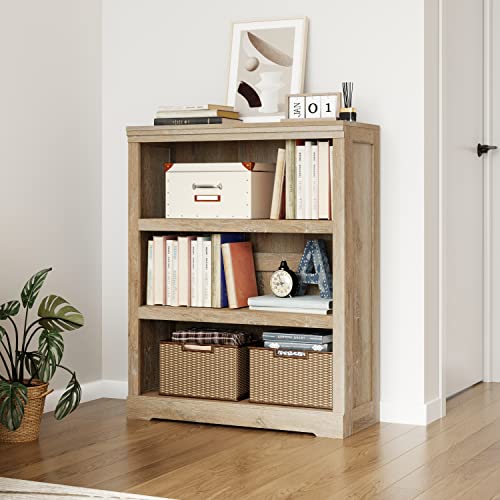 LINSY HOME 3-Tier Bookcase Display Storage Shelves Farmhouse Bookshelf for Home Office, Living Room, Bed Room - Light Brown