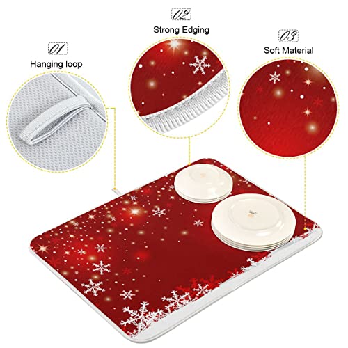 xigua Christmas Snowflakes Dish Drying Mat for Kitchen Counter,Texture Ultra Absorbent Reversible Microfiber Dishes Drying Rack Pad Heat-resistant Mats 16x18in